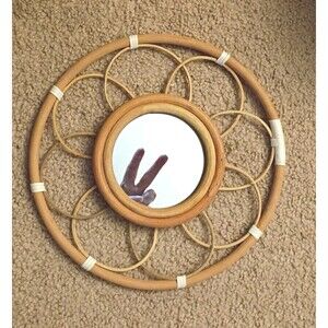 Vtg Rattan Mirror 10" Round Bohemian 80s Bamboo Wall Mount MCM Made In Vietnam